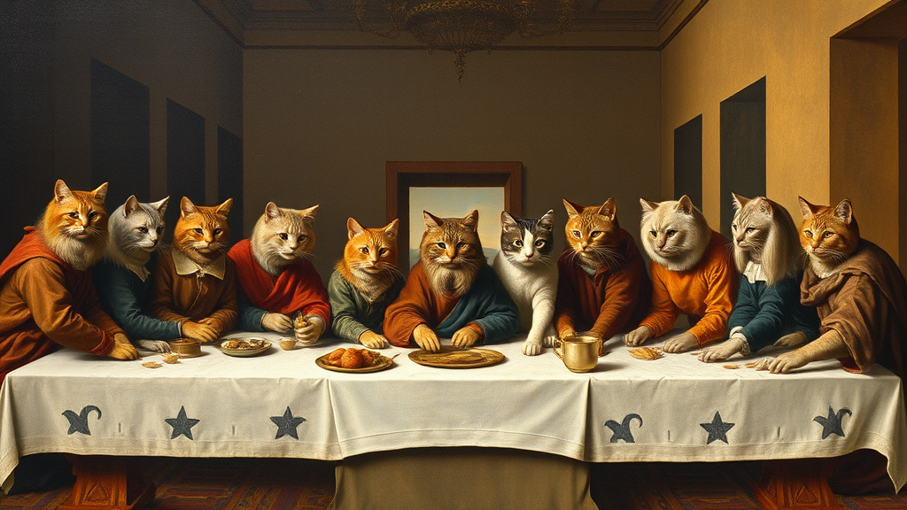 Painting by Leonardo da Vinci The Last Supper, replace people at the table with cats with human bodies, cat's head. - Image