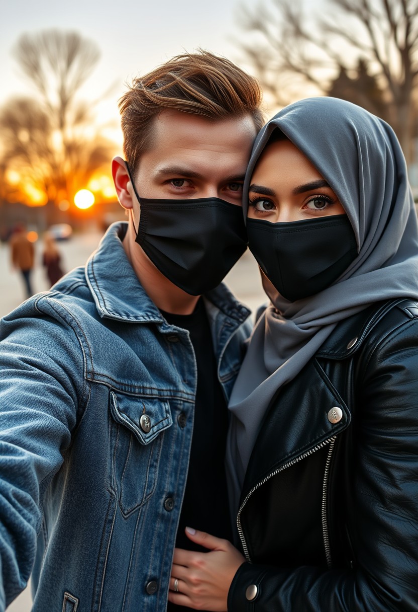 Jamie Dornan's head and body shot, handsome, face mask black, jeans jacket, jeans, dating, love couple, with biggest grey hijab Muslim girl, face mask black, beautiful eyes, black leather jacket, biggest skirt, taking picture, camera dslr canon, sunset, hyper realistic, street photography, selfie. - Image