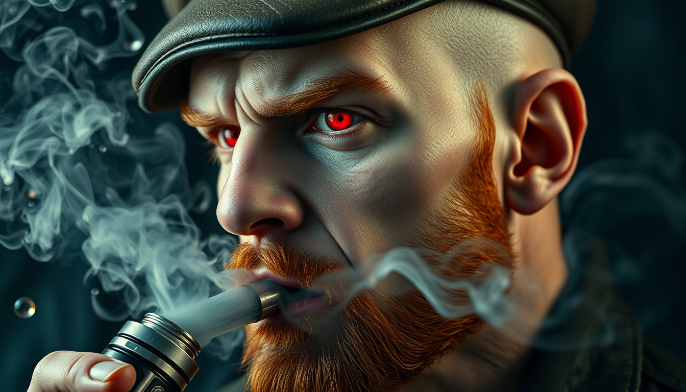 Hyper-realistic three-quarter portrait of a demonized white male, bald with meticulously detailed ginger stubble, donning a worn leather flatcap. Piercing red eyes gleam as he exhales dense, swirling vapor clouds from an intricately designed chrome vapemod. Iridescent e-liquid droplets suspended mid-air.