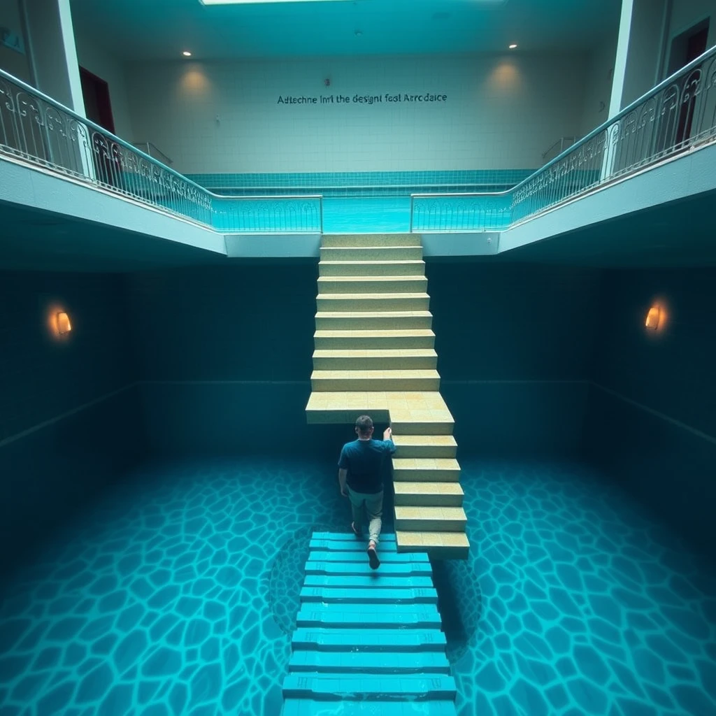 There is a strange swimming pool with steps extending from the second floor down to the pool and to the bottom of the water, where someone is walking down the steps at the bottom.