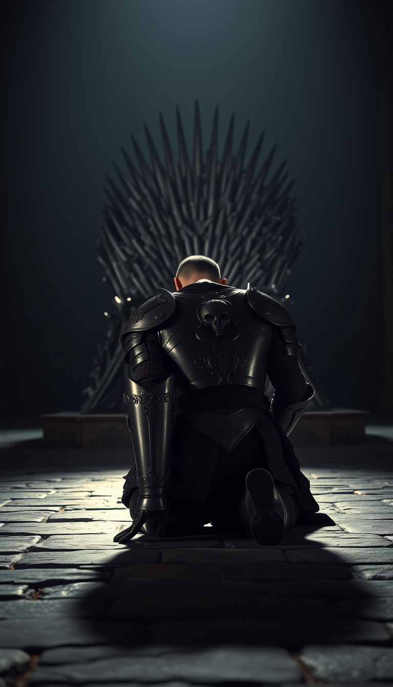 Subject: A handsome and muscular king in full plate armor, positioned on all fours facing the Iron Throne (which is to the back of the shot and not the focus), his head bowed to the ground in prayer.  
Lighting: Dramatic chiaroscuro lighting, with a single light source illuminating the king from behind, casting long shadows that stretch towards the Iron Throne. The scene should have an overall somber and reverent mood.  
Background: The Iron Throne should be slightly out of focus in the background, hinting at its presence and power but not distracting from the king in the foreground. The setting should be a dimly lit, vast hall with stone walls and high, vaulted ceilings, conveying the grandeur and solemnity of the location.  
Details: The king's armor should be highly detailed, showcasing the craftsmanship of the era, with intricate engravings and perhaps some battle damage to hint at his experiences. Focus on the texture of the cold, hard metal against the rough stone floor.  
Composition: The camera angle should be low, looking up at the king to emphasize his vulnerability and submission despite his powerful physique and position.  
Overall Style: Aim for a hyperrealistic, cinematic style, reminiscent of historical epics. The image should feel grounded and authentic, capturing the weight and texture of the scene. - Image