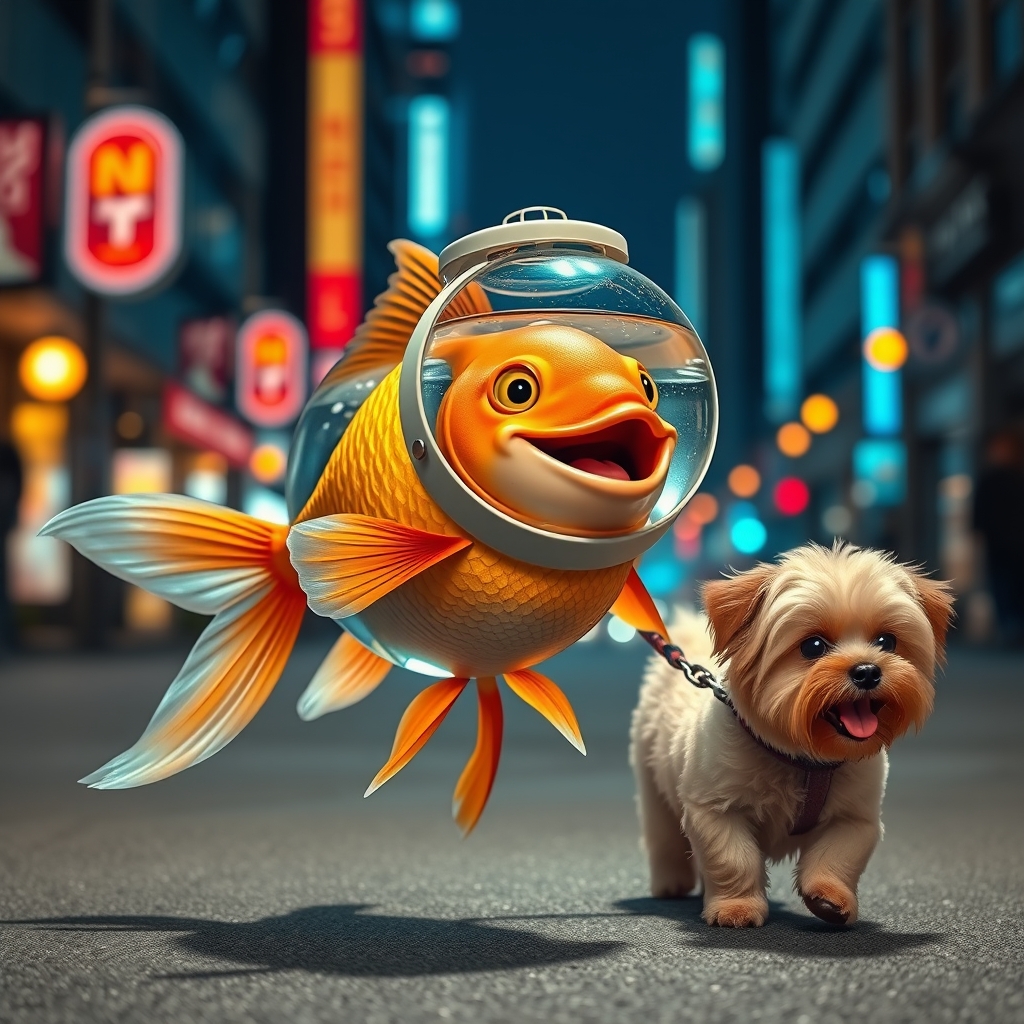 A cute, happy goldfish wearing a fish bowl as a breathing mask (half filled with water) is walking a cute dog on a leash in the streets at night, with colorful city lights. The goldfish is happily laughing, mouth open, with a cute face, walking on fins (no legs), and the fluffy dog in front has a silly walk. It's ultra-realistic, capturing realism. - Image