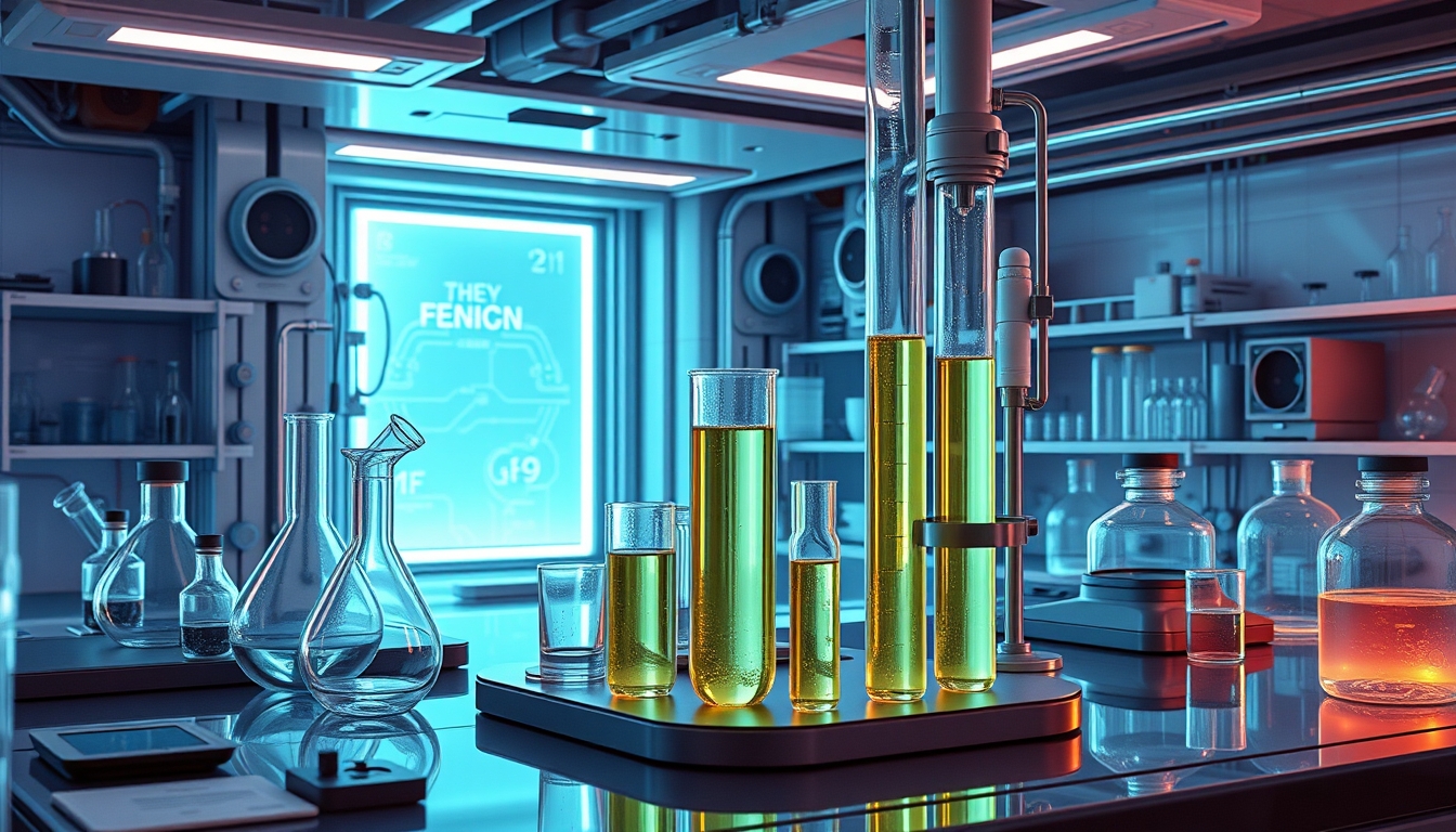 A futuristic laboratory with glass test tubes and advanced scientific equipment.