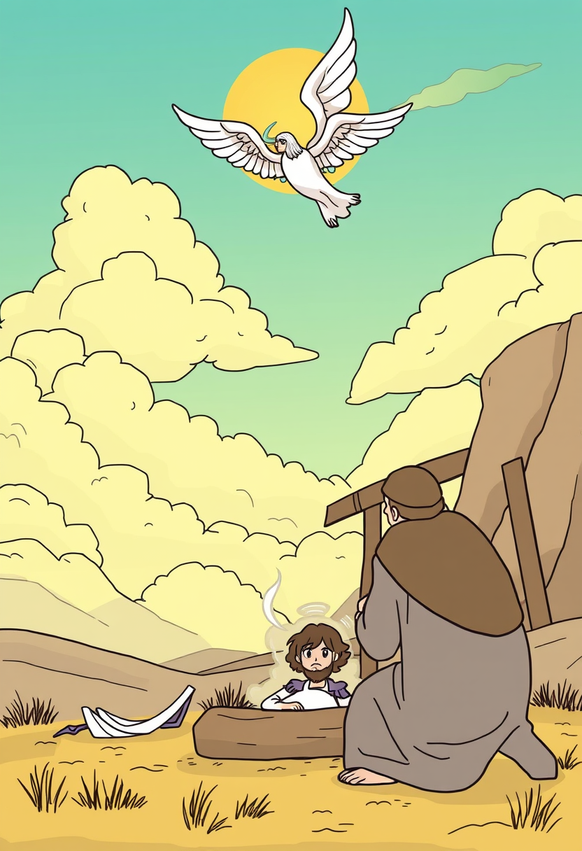 Illustrate the moment when Abraham prepares to sacrifice Isaac, with a dramatic sky and an angel intervening. cartoon style, thick lines, low details, no shading.