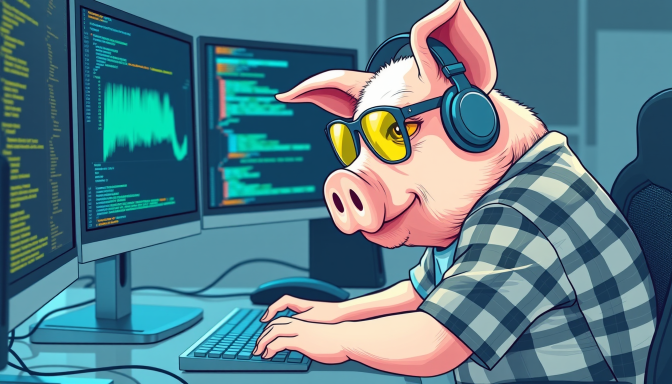 A tech-savvy pig coder, wearing yellow-tinted glasses and sleek noise-cancelling headphones, hunches over a cutting-edge multi-monitor setup. The anthropomorphic pig exudes focus, typing furiously while wearing a plaid t-shirt. - Image