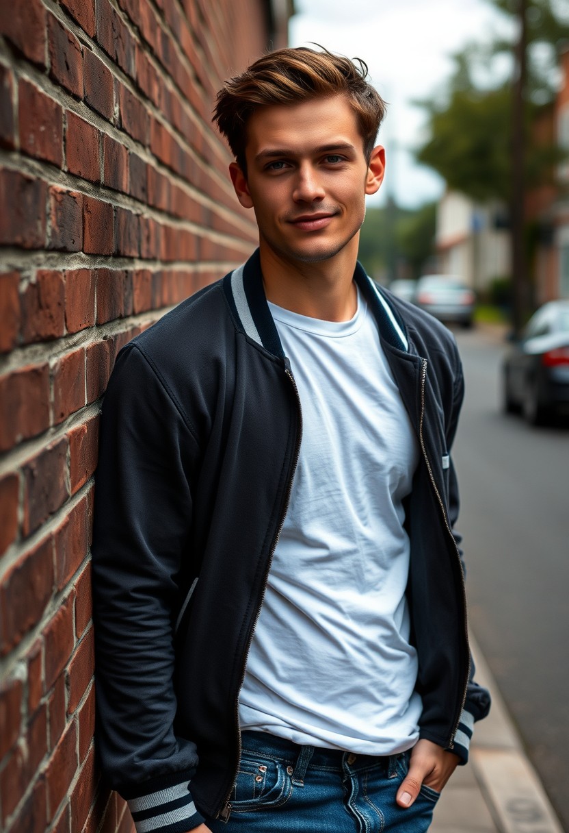 Jamie Dornan head and body shot, handsome, young, serious face, dark brown hair, white T-shirt, college jacket, skinny jeans, sneakers, standing in a stylish manner, smiling near the town road, leaning against a wall, hyper-realistic, street photography, brick wall, full body photo.