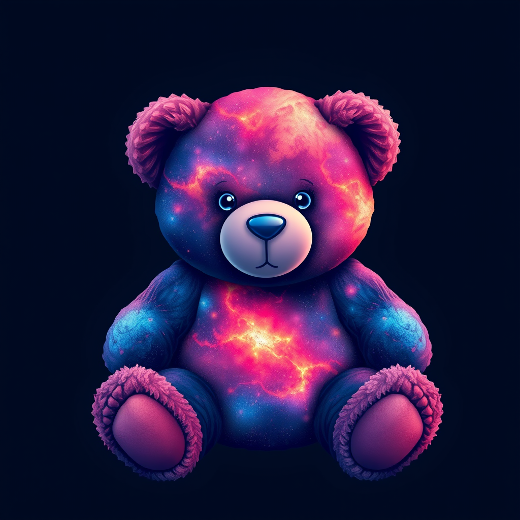 A tee shirt design of a teddy bear whose entire body, ears, and head are perfectly made of a beautiful mineral that looks reminiscent of the universe. Striking and beautiful, with deep blues and purples contrasting with vibrant reds and orange. - Image