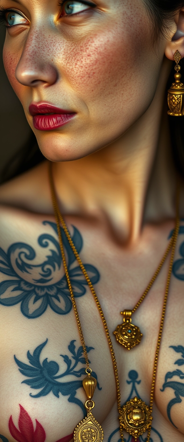 Close-up view of the tattooed chest of a white-skinned Korean Indian woman with beautiful facial features, blue eyes, wearing gold ornaments, looking sideways. - Image