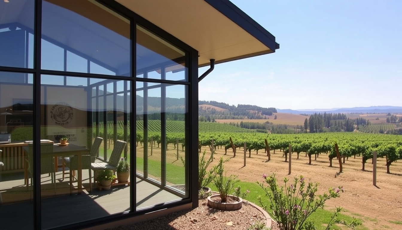 A picturesque vineyard with a glass-walled tasting room overlooking the grapevines.