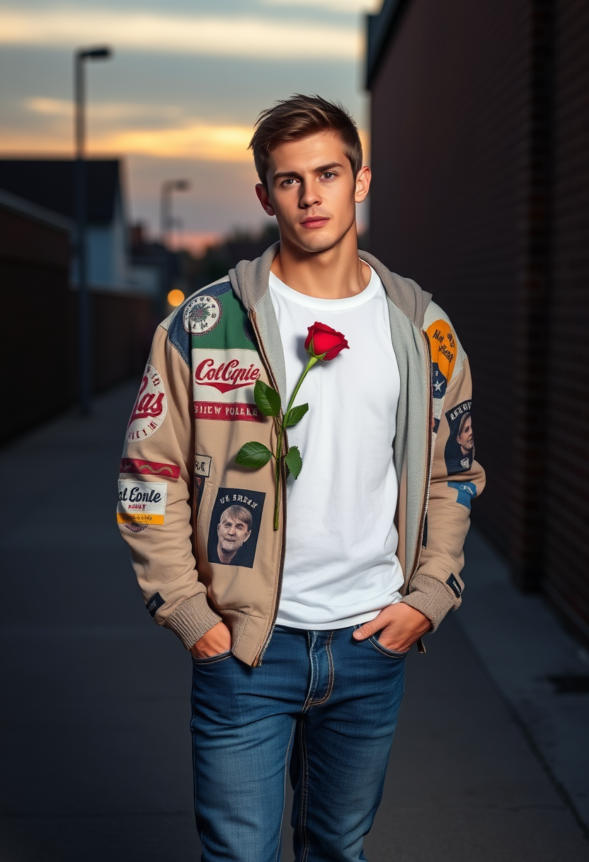 Freddie Prinze head and body shot, handsome, young, serious face, white T-shirt, collage jacket, jeans, sneakers, holding a red rose, hyper realistic, street photography, brick wall, full body photo, sunrise.