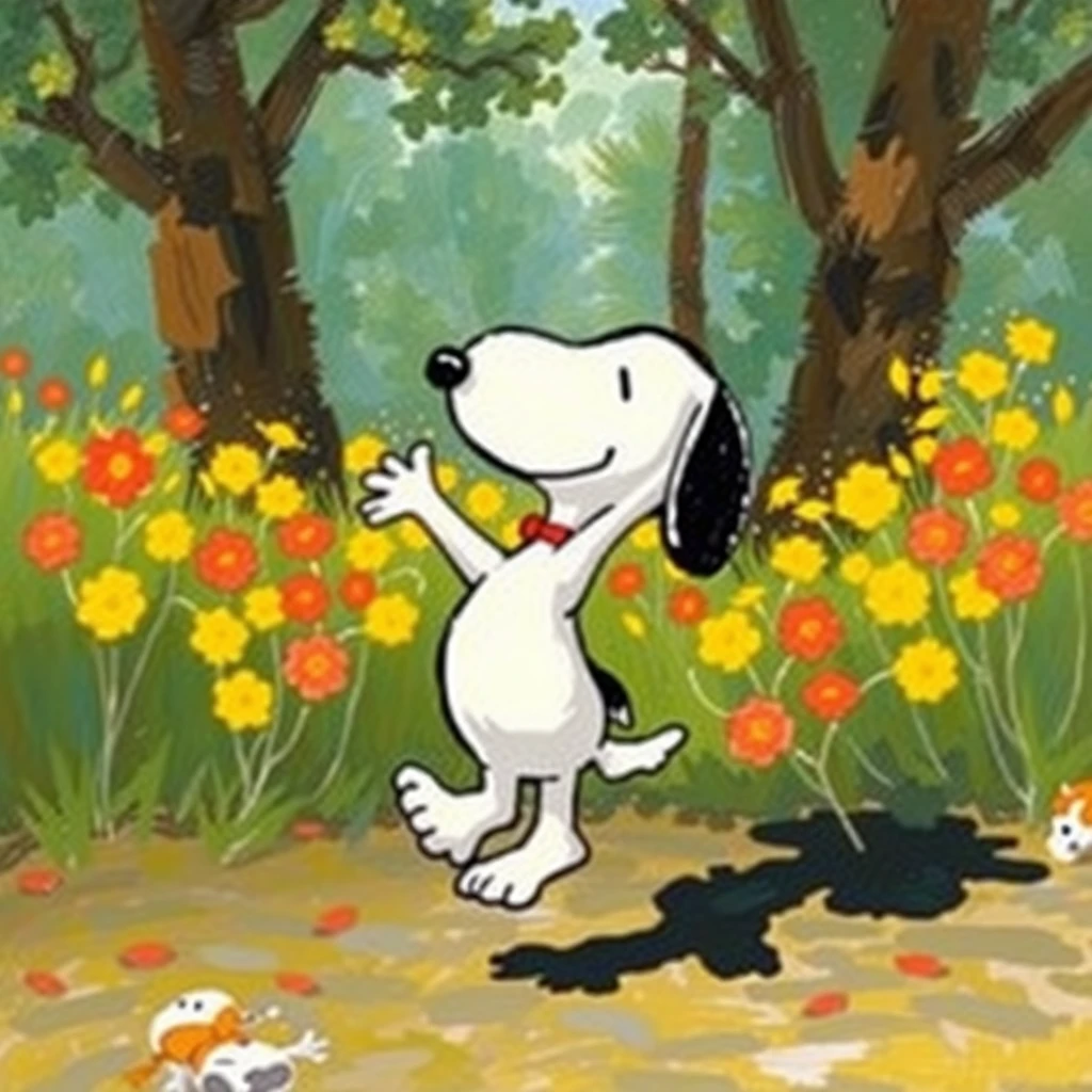 "Dancing Snoopy in the style of Impressionism like Monet."