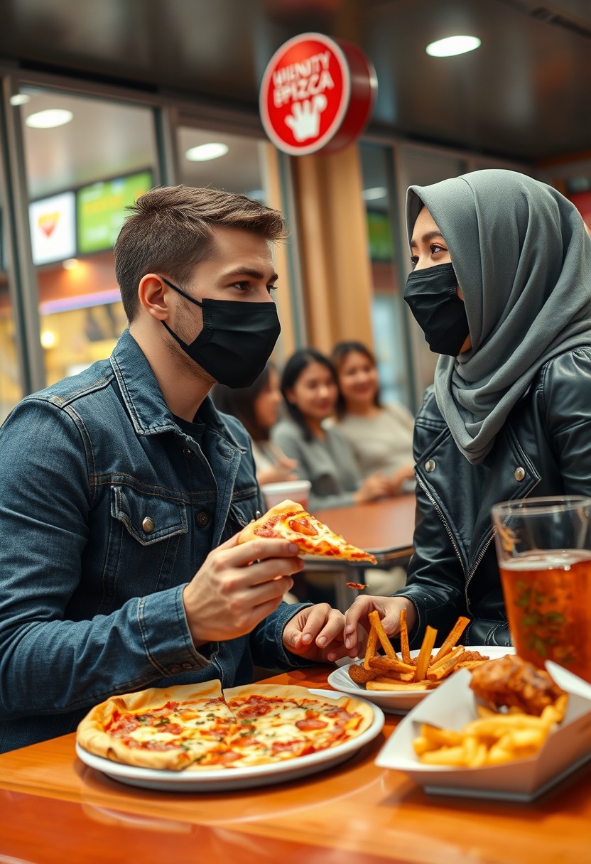 Jamie Dornan's head and body shot, handsome young man, black face mask, blue jeans jacket, jeans, dating a love interest with a grey hijab, a beautiful girl with beautiful eyes, wearing a black face mask, black leather jacket, and the biggest floral skirt, at a hot pizza fast food restaurant, with a plate of cheese pizza slices, a plate of Korean fried chicken and fries, and a glass of soft drink, eating with three other random smiling friends in the background, photorealistic, hyper-realistic, street photography. - Image