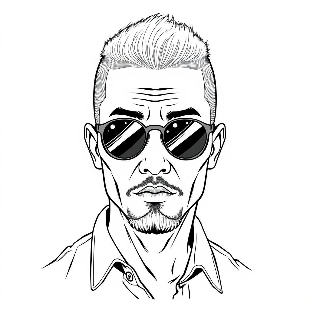 A cool line drawing of a 35-year-old man’s head, with a buzz cut, Asian features, wearing round-frame sunglasses, a slightly short beard on his chin, a shirt, an aura of a bit of a rogue, a full face, and clean, refreshing skin. - Image