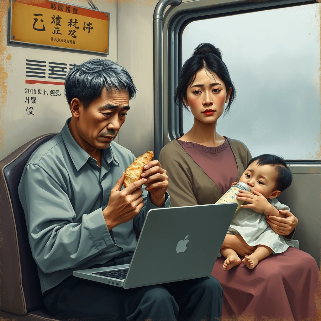 A realistic painting style, a sad Chinese programmer sitting on a train, holding a piece of bread in one hand and feeding a child with a milk bottle in the other, his eyes fixed on a laptop, with thinning, slightly gray hair. His wife sitting beside him looks at him with a mournful expression.