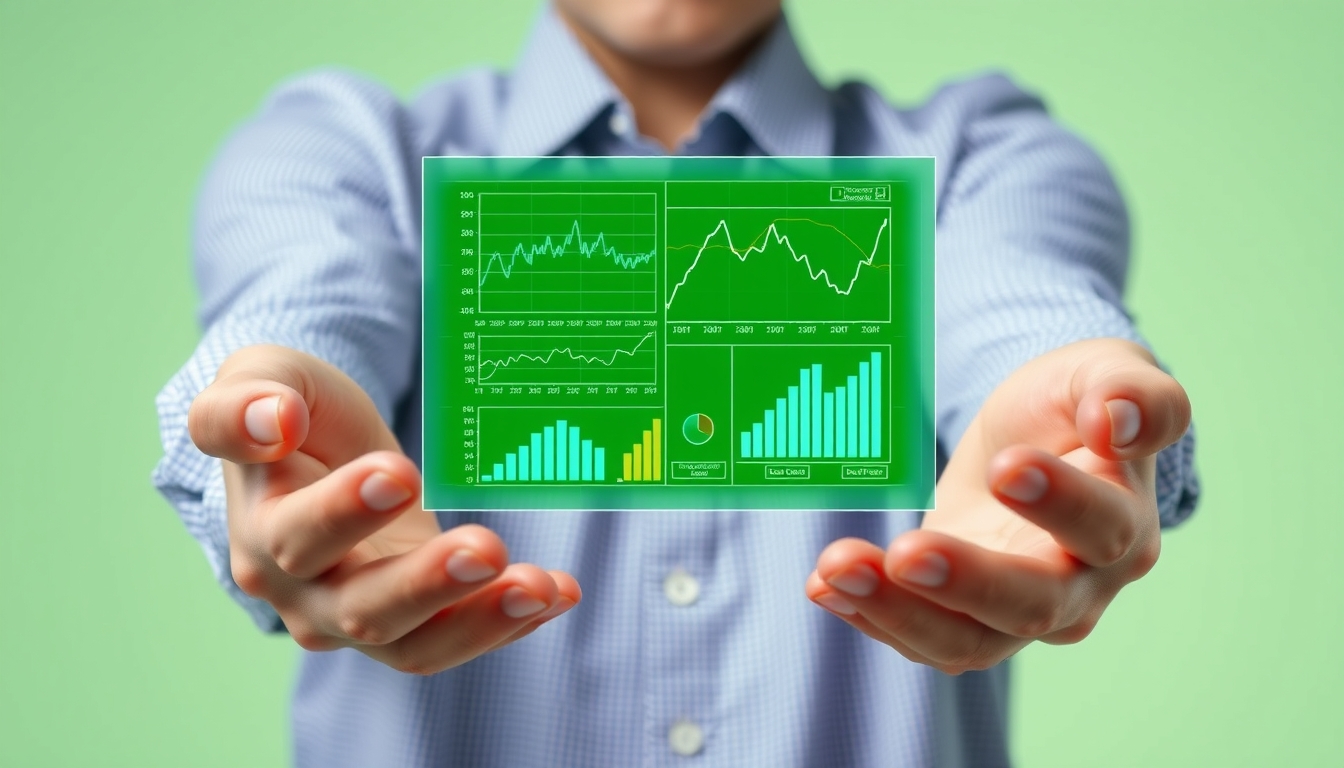 A person is holding a hologram with a green screen displaying graphs.