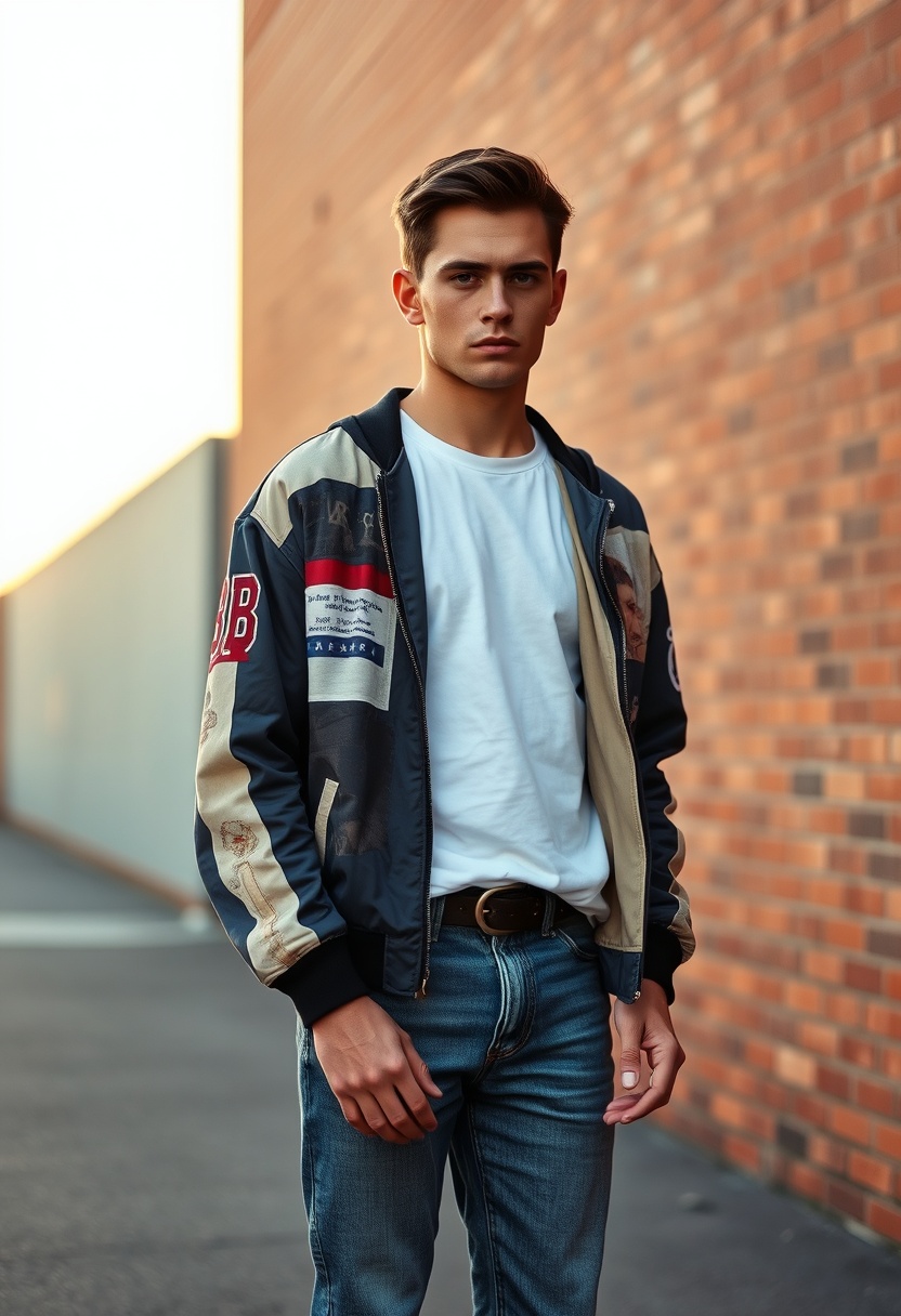 Freddie Prinze, head and body shot, handsome, young, serious face, white T-shirt, collage jacket, jeans, sneakers, hyper-realistic, street photography, brick wall, full body photography, sunrise.