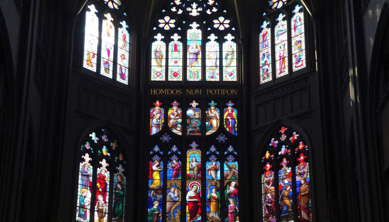 A vibrant stained glass window in a Gothic cathedral, sunlight casting colorful reflections inside.