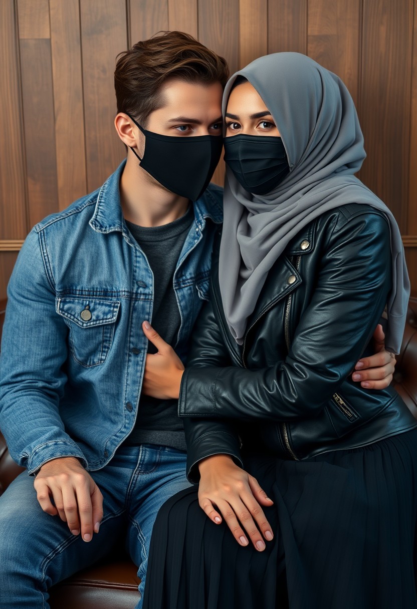 Jamie Dornan's head and body shot, handsome, black face mask, denim jacket, jeans, dating, love couple, hugging, with the biggest grey hijab Muslim girl, beautiful eyes, black face mask, black leather jacket, largest skirt, hyper realistic, studio photography, sitting on a classic leather sofa, wooden wall.