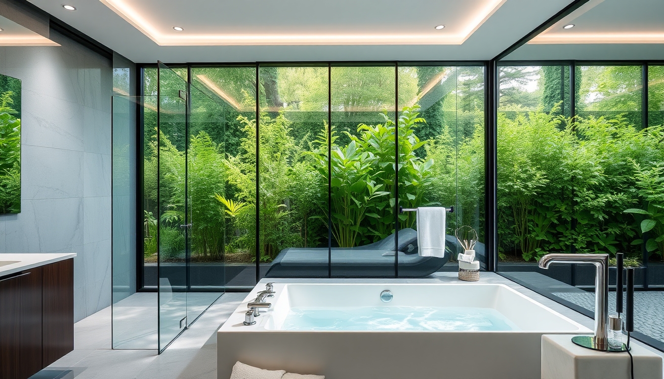 A sleek modern bathroom with glass walls and a luxurious soaking tub. - Image