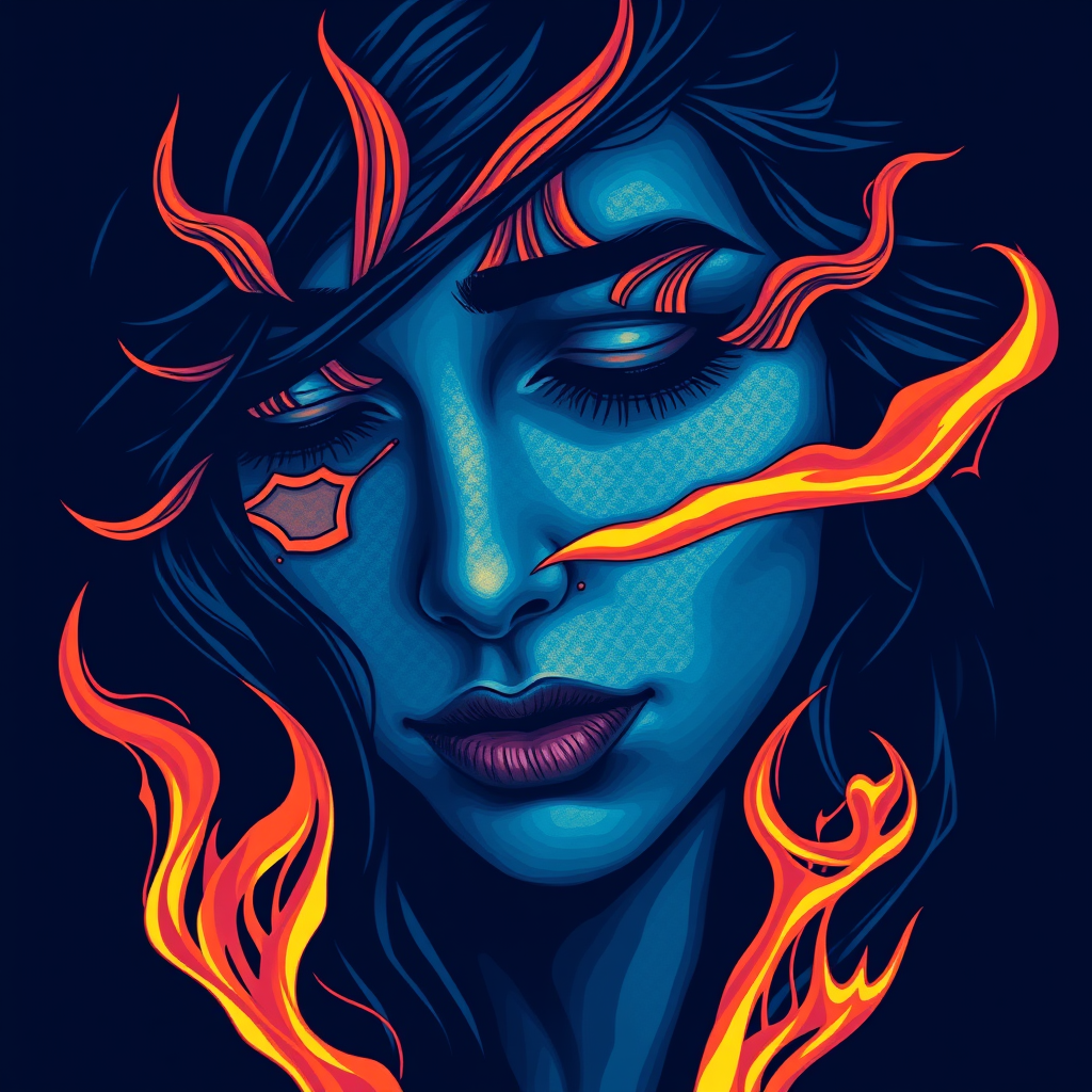 A tee shirt design of a close-up of a woman's face, inspired by the sun, conveying passion with whipping flames accenting, yet featuring a cool, almost sad color palette. Think deep blue with perhaps a hint of purple, but the entire design should exude a soulful essence. Like a deep, passionate, soulful embodiment of the sun.