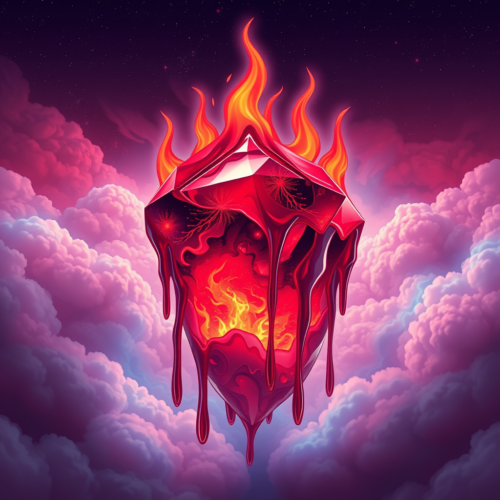 A tee shirt design of a beautiful ruby red kingdom in the clouds on fire with beautiful liquid red ruby dripping with flames. The ruby has subtle colorful embers burning in the ruby. Inside of the ruby should be reminiscent of beautiful galaxies perfectly blended with chaos. Striking and otherworldly on a transparent background, the flames should have an outline of a beautiful blue ethereal glow.