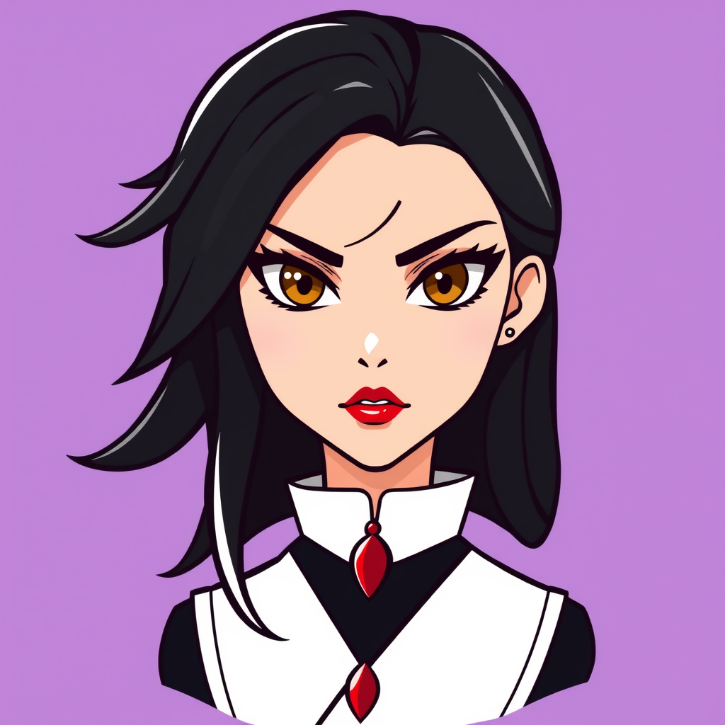 A basic simple vector logo of a beautiful female character with hazel brown eyes, long, dark black hair with white front strands, wearing a black and white outfit with a red pendant necklace, and serious face with red lipstick, on a purple background. - Image