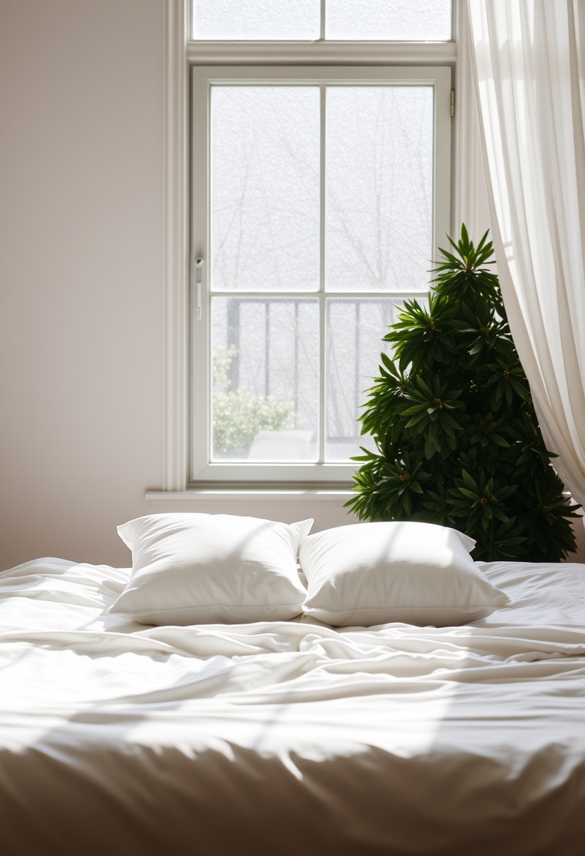 A bed with white sheets and pillows in front of a window.