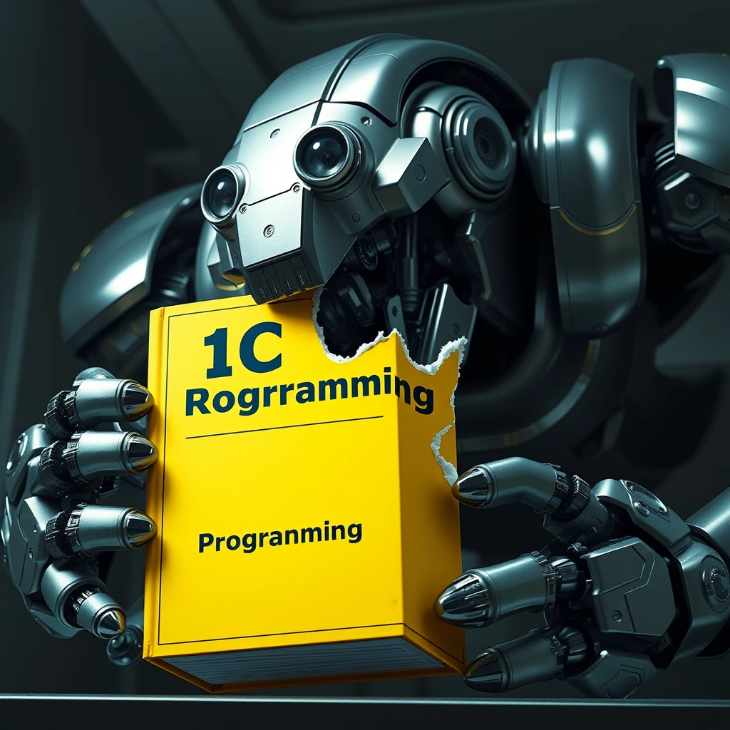 Futuristic scene: a giant robot bites the corner of a large yellow book. The robot is massive, with a metal body, gleaming lens-eyes, and mechanical jaws. Its size is several times that of the book. The book is bright yellow in color, thick, and appears to be a textbook. The cover of the book displays "1C Programming" in large black letters. You can see that the robot has bitten off the upper right corner of the book, leaving a jagged bite mark. The background is neutral, possibly a darkened laboratory or futuristic interior. The lighting is dramatic, emphasizing the contrast between the shiny metal of the robot and the matte surface of the book. 
Image style: photorealistic with science fiction elements. Detailed texture of the robot's metal and the book's paper. Clear lines and shapes. Saturated colors with emphasis on the yellow of the book and the silver-steel of the robot. - Image