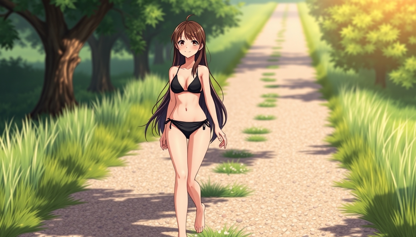 Anime style, a beautiful brunette girl with long hair wearing a black bikini walking on a gravel country road, barefoot, smiling, model body type. - Image