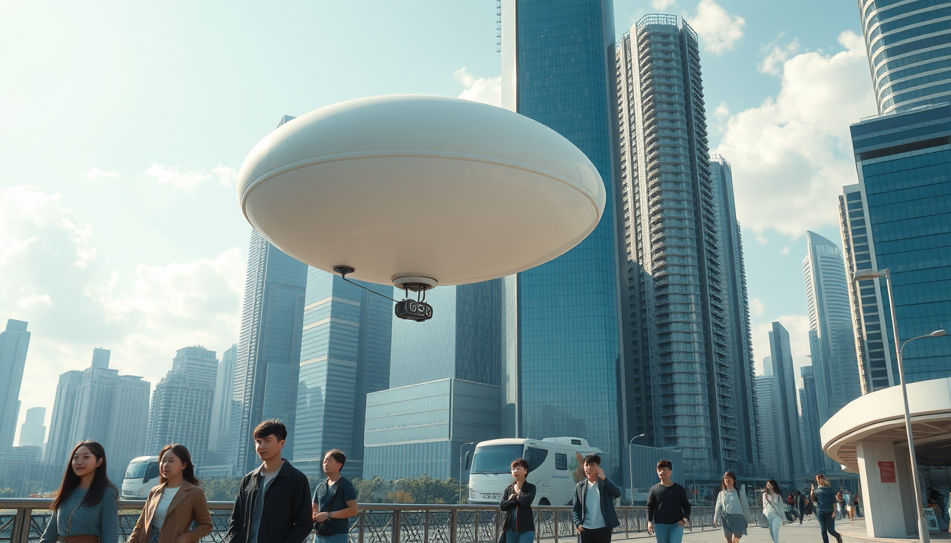 Create a stunning high-resolution image of the city of the future. The skyline should be filled with towering skyscrapers. It includes a light-colored oval balloon-type robot flying rapidly through the air with tiny black balancers on either side of the balloon. There are some people walking on the street, Asian faces, wearing fashionable and avant-garde clothes, in a laid-back and pleasant atmosphere. The visual focus of the image highlights small balloon-type robots patrolling the air for safety, very beautiful clouds, and sunlight reflecting off the glass surfaces of buildings, creating an atmosphere of excitement and innovation. Very sharp and realistic details, 32K, flat view. - Image