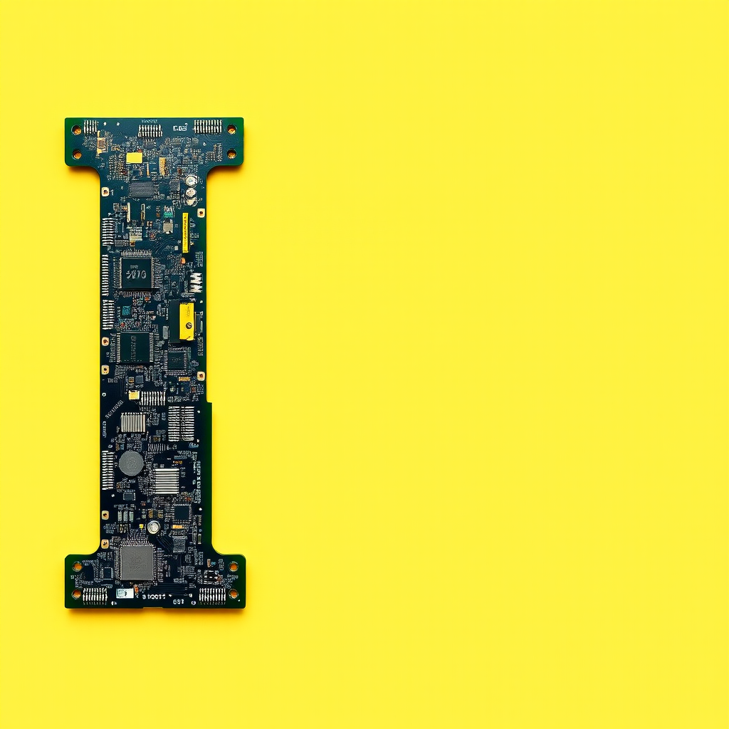 A letter "I" made of a computer motherboard, yellow background, realistic photograph.