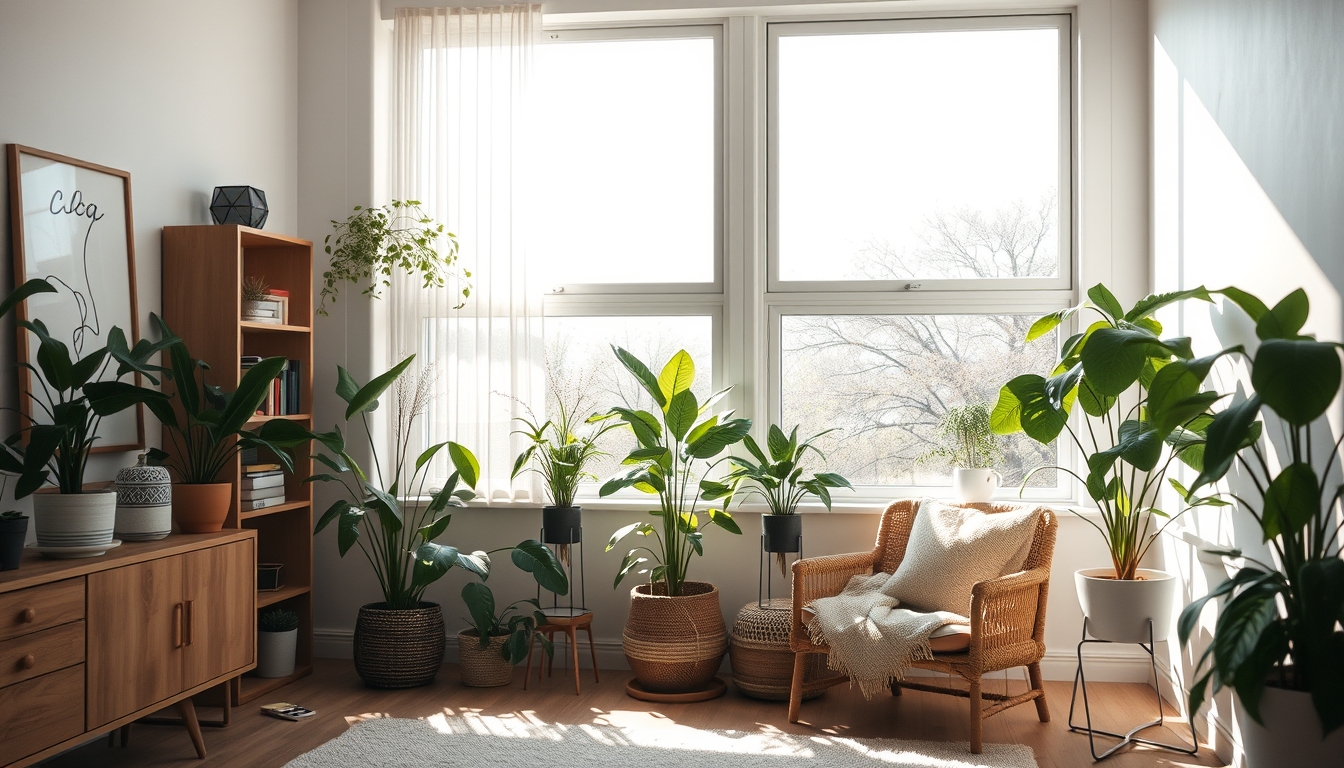 A serene interior space with natural light streaming in, featuring minimalistic decor, indoor plants, and a cozy reading nook.