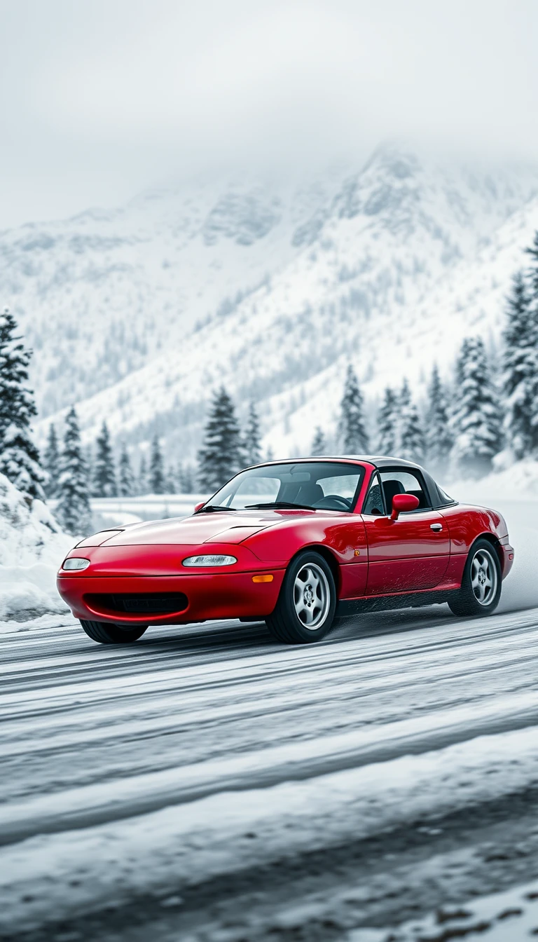 Create an image of a red 1991 Mazda MX-5 drifting on a snowy mountain road.