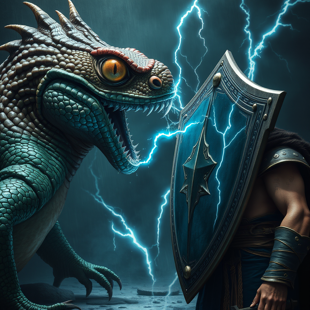 "The moment of confrontation, the Basilisk meeting its own gaze in the polished shield, its eyes wide with shock as its deadly power is reflected back, the air crackling with dark energy, the warrior standing firm, sweat glistening on his brow, the ground beneath them vibrating with the clash of magic."