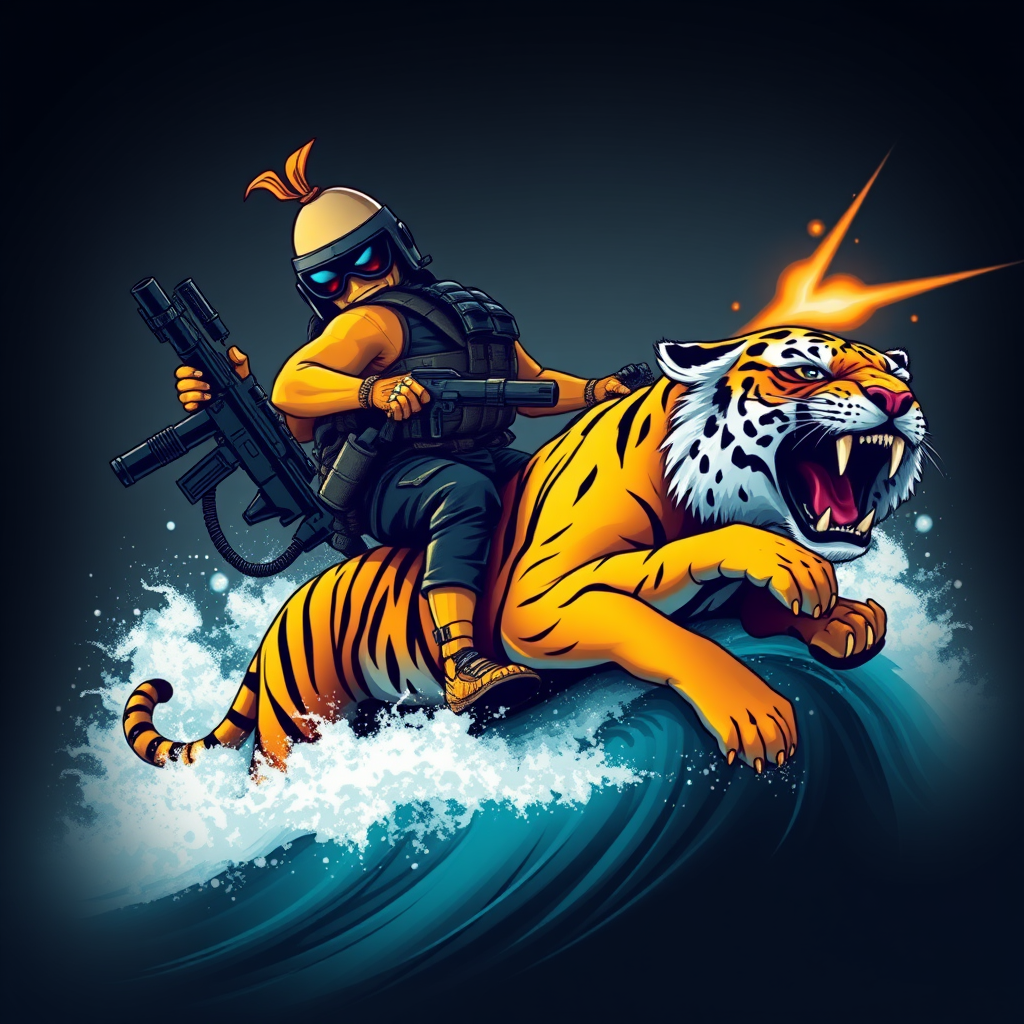 A tee shirt design of a sentient anthropomorphic determined banana man dressed in Rambo gear, carrying a huge rocket launcher with one hand, a huge chain gun in the other hand, while surfing on a Bengal tiger on a huge ocean wave. Epic design. Fading to black around the entire boundary of the image. Vibrant future punk colors.