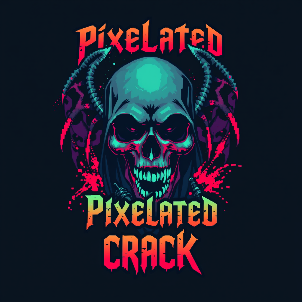 T-shirt design with a blocky colorful 8-bit style of a death metal band blended with chiptune. The visual should be unique and striking but macabre blended with beauty, and the band name is "Pixelated Crack." - Image