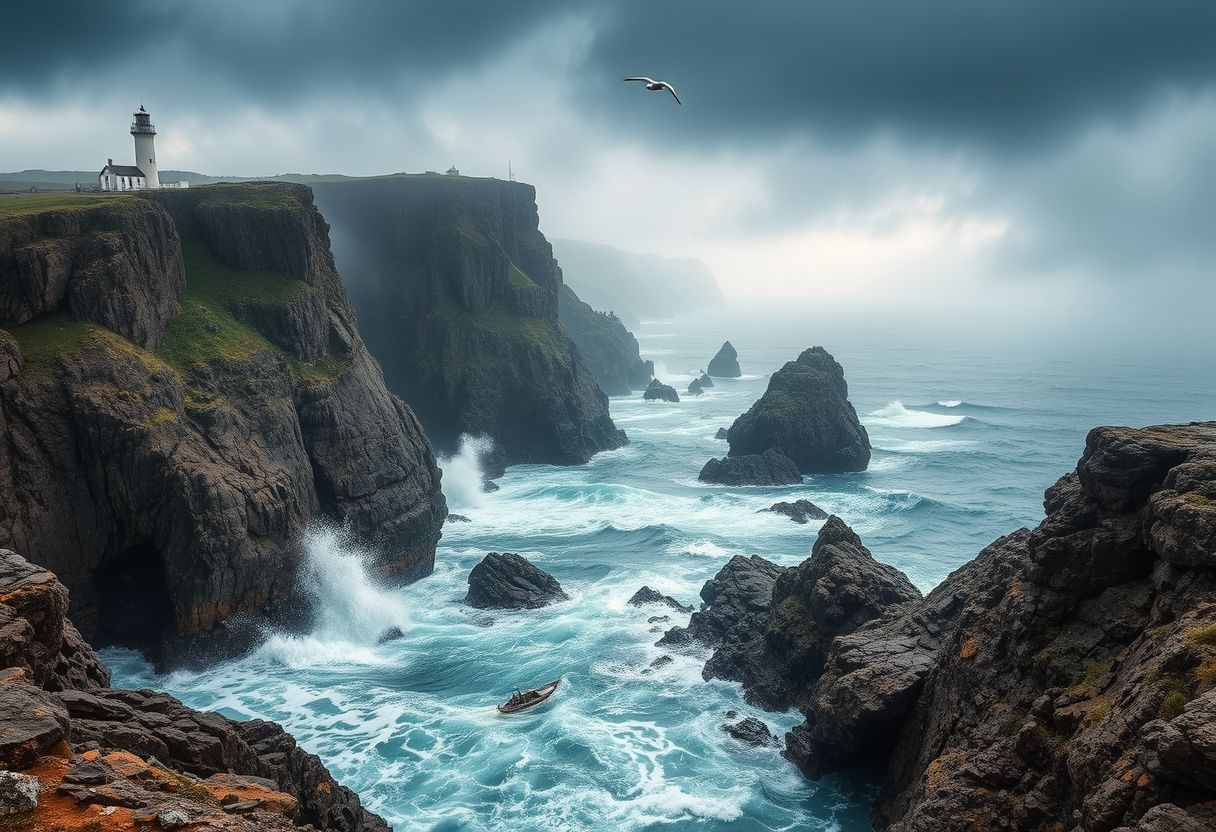 Dramatic, rocky cliffs, crashing waves, rugged, coastal, high quality, seagulls, lighthouse, stormy, wild, panoramic, breathtaking, photorealistic::1.5 sailboats, dramatic skies, mist, fog, coastal caves, hidden coves, tidal pools, mysterious.