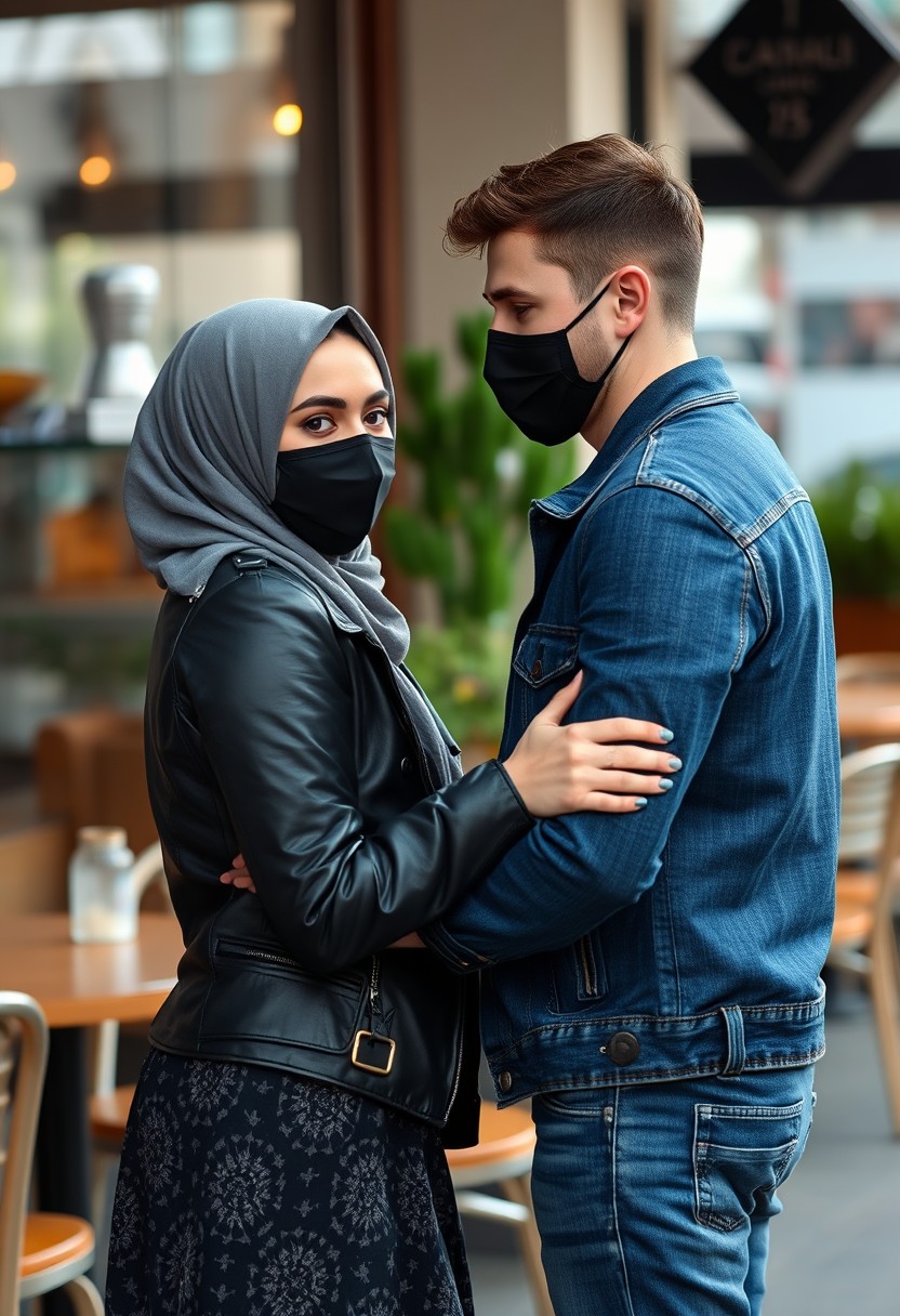 Jamie Dornan's head and body shot, handsome, black face mask, blue jeans jacket, jeans, dating, love couple with a gray hijab Muslim girl, beautiful eyes, black face mask, black leather jacket, biggest pattern skirt, talking at a café, photorealistic.