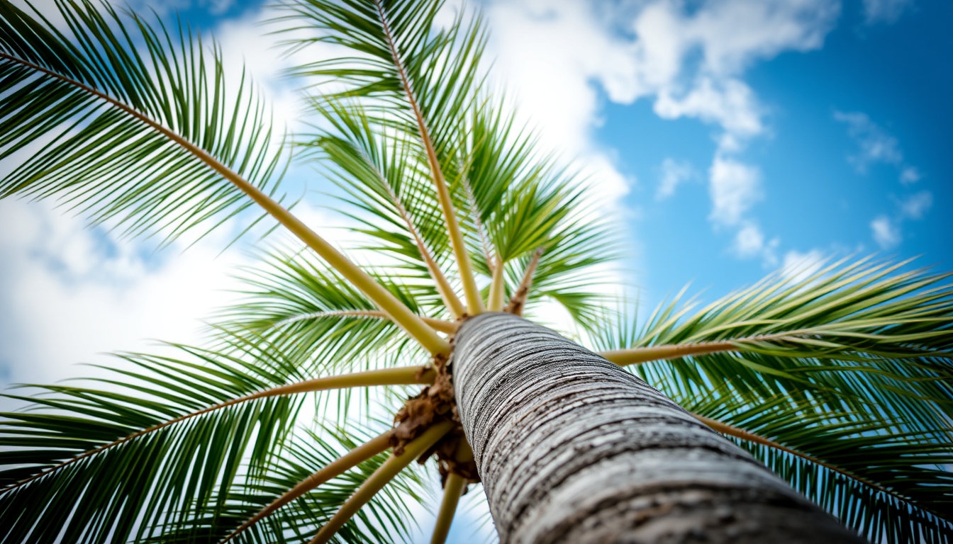 Palm tree trunk and leaves with a blue sky and clouds in the background.