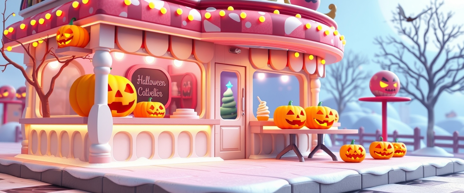 Ice cream parlor with jack-o'-lanterns, festive Halloween theme, 3D illustration.