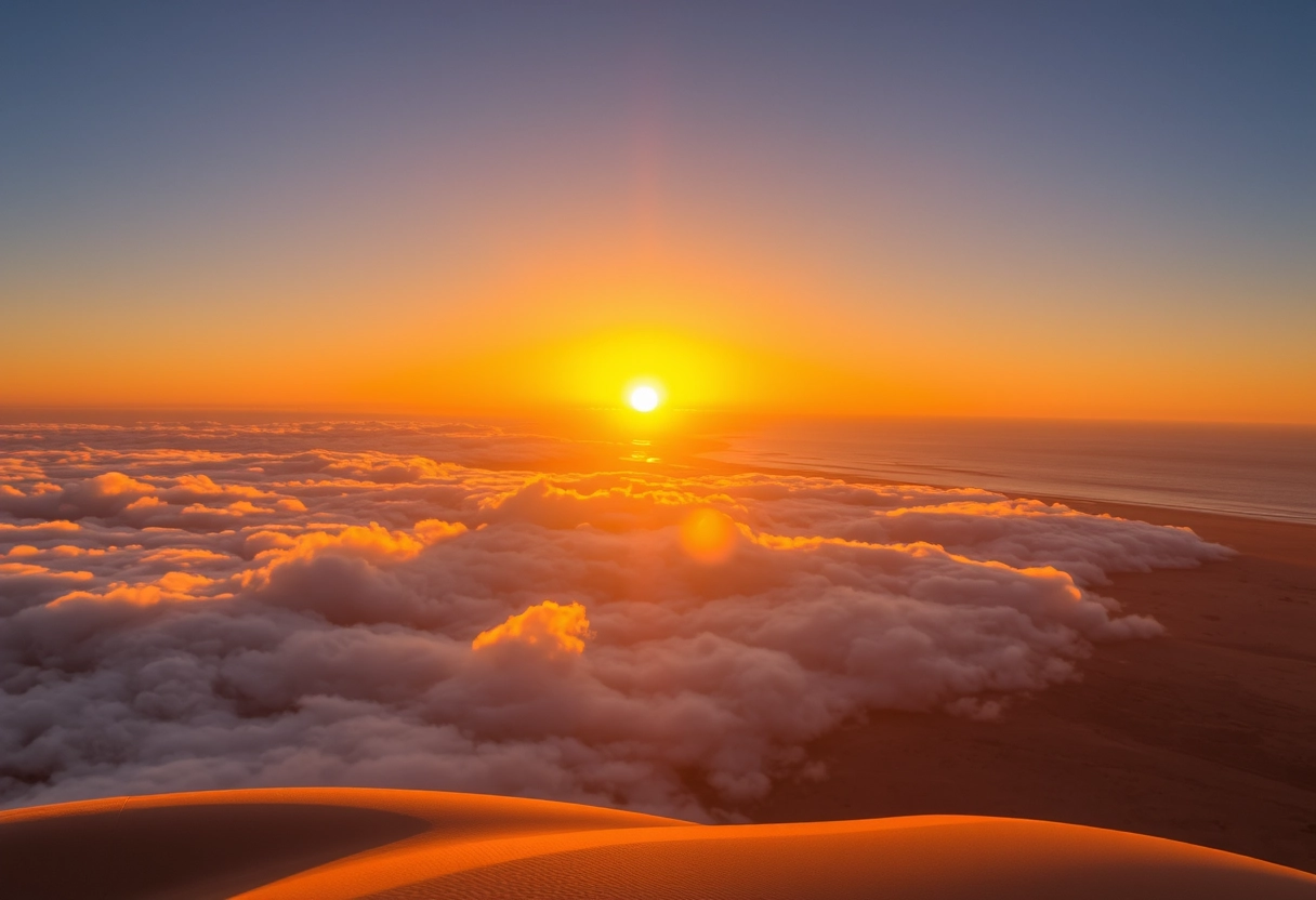 The brilliant sunset shines on the clouds, with the desert nearby and the ocean in the distance. Both the ocean and the desert are enveloped in the golden sunset. - Image