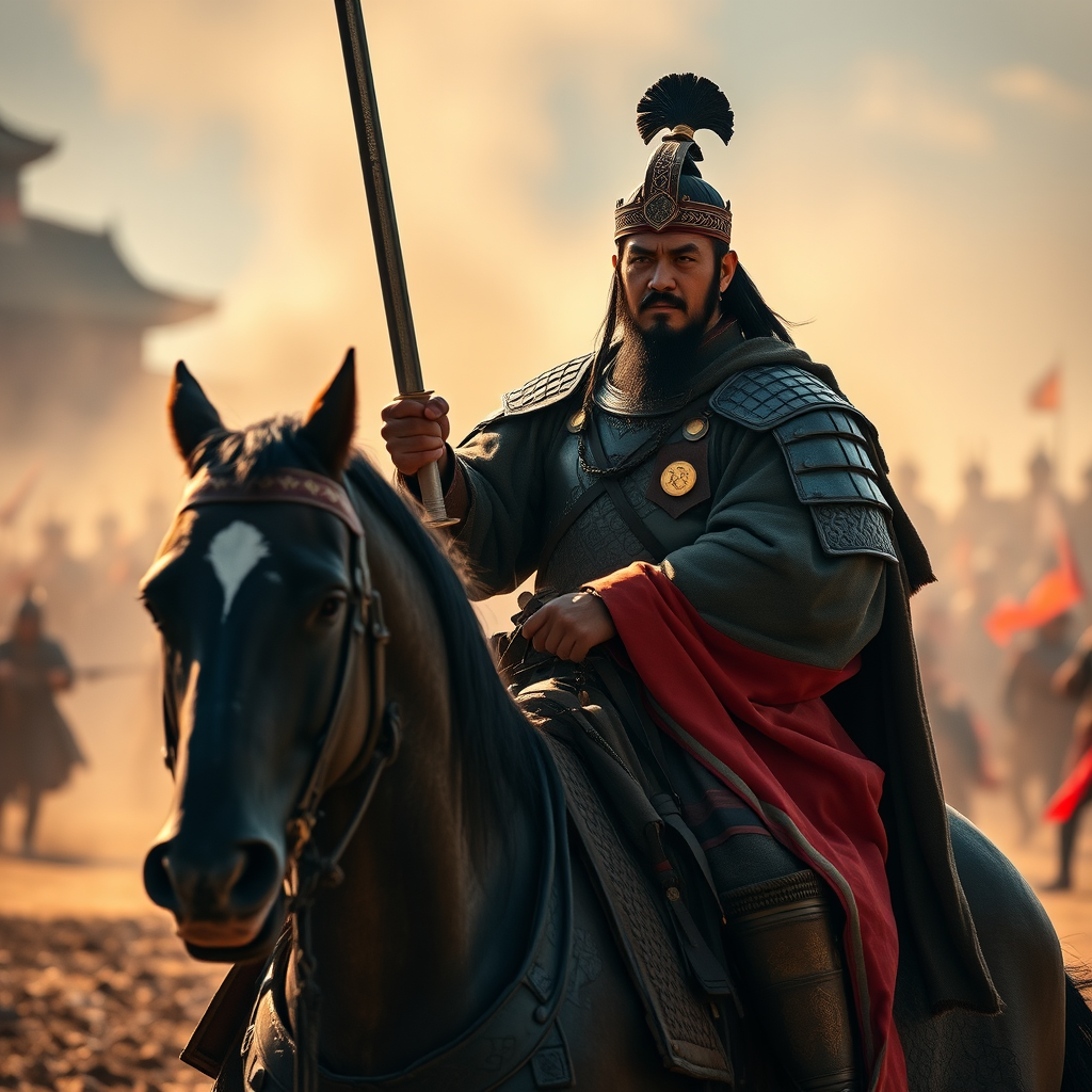 Cinematic photography of a Han Dynasty general, armored and holding a sword, sitting proudly on a strong horse, battlefield in the background with dust and chaos, 4K ultra-high definition, warm and dramatic lighting casting long shadows, rich historical colors like gold and red, dynamic wide-angle shot that captures the general's authority and the intensity of the battle, shallow depth of field with the background slightly blurred to emphasize the general and his horse.