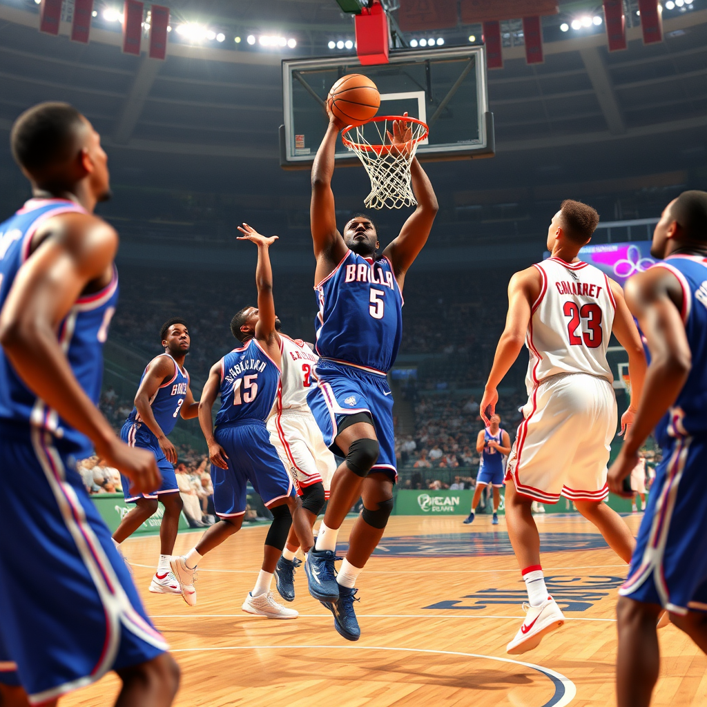 Picture of an NBA group playing in the Olympics, super realistic. - Image