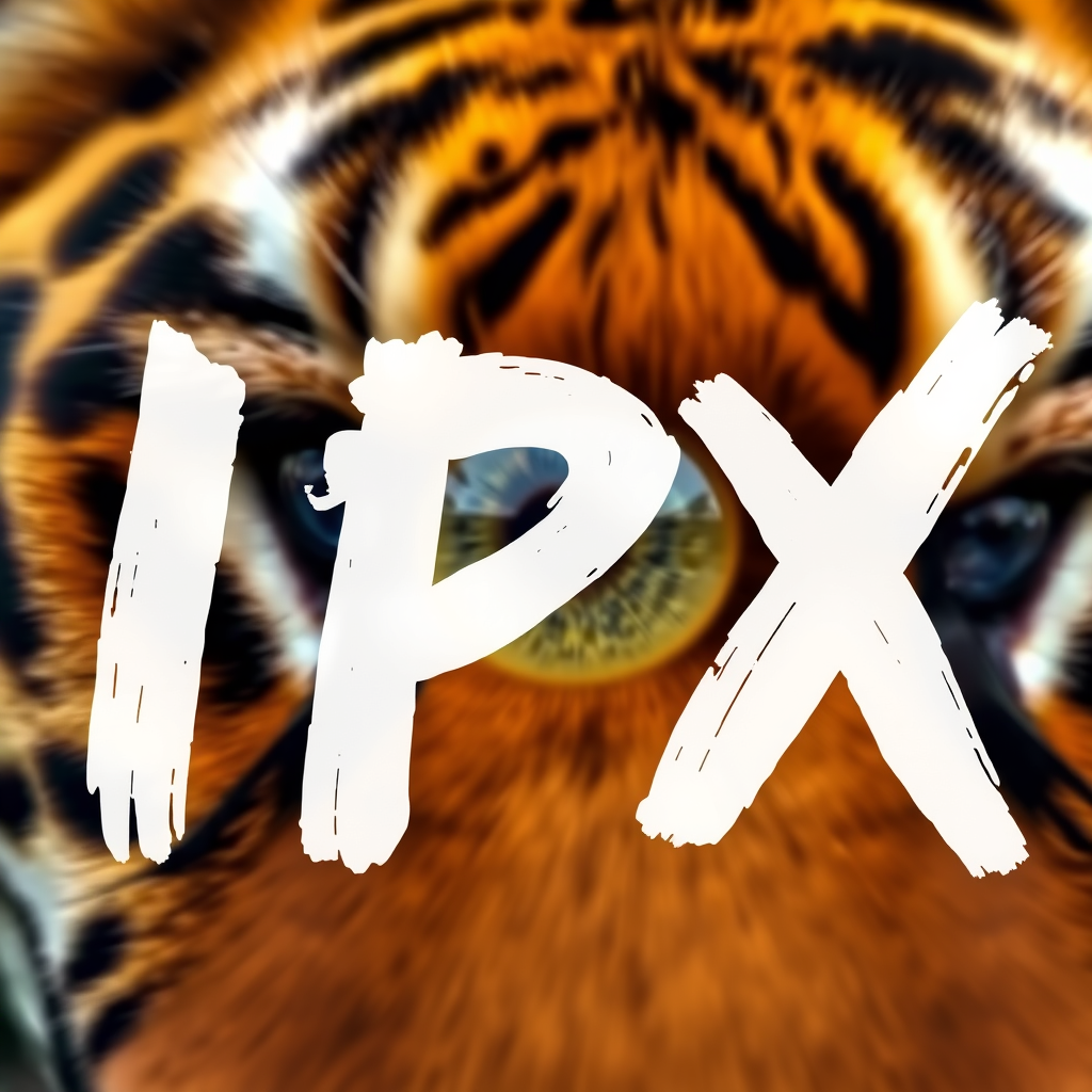 Extreme close-up of a single tiger eye, direct frontal view. Detailed iris and pupil. Sharp focus on eye texture and color. Natural lighting to capture authentic eye shine and depth. The word "IPX" is painted over it in big, white brush strokes with visible texture. - Image