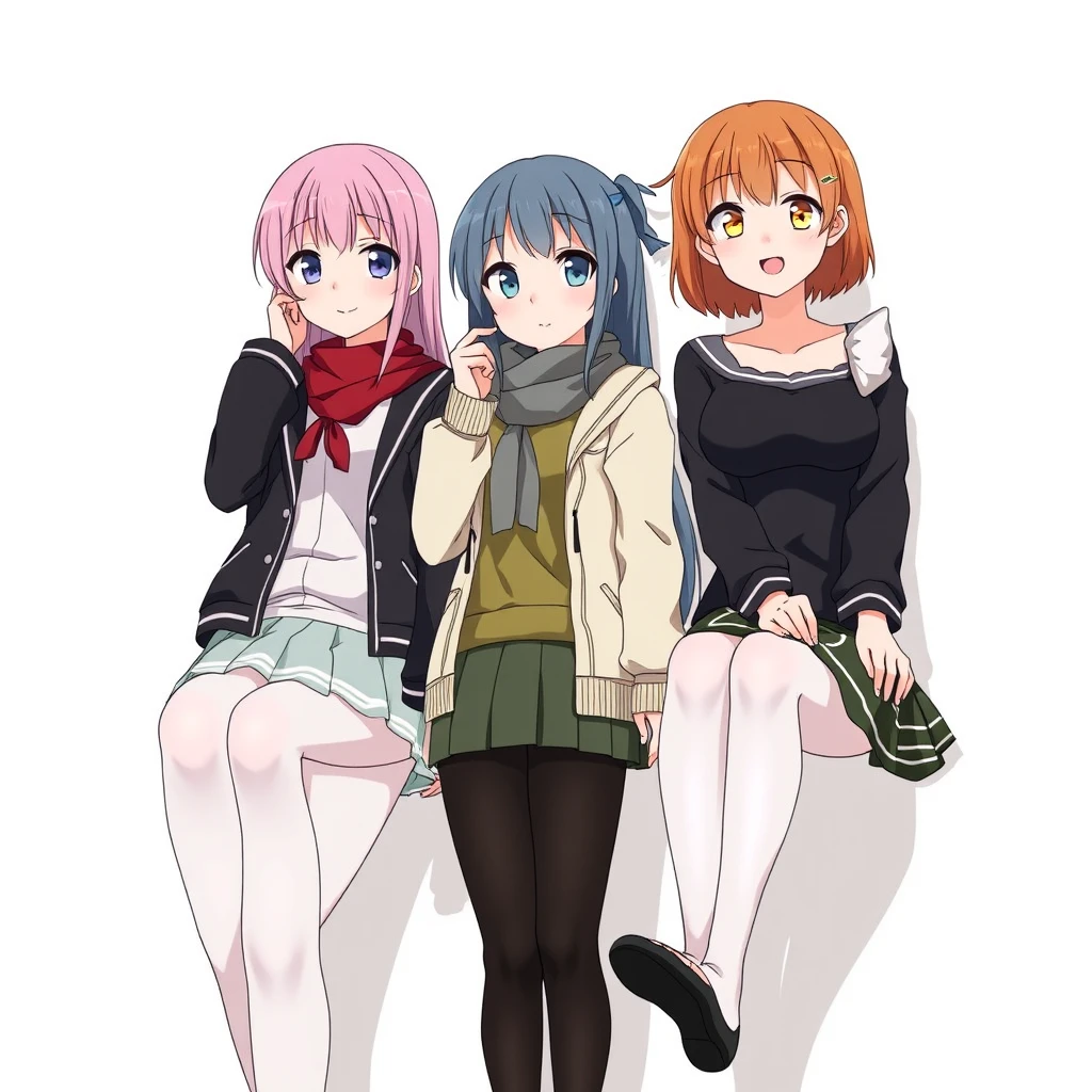 Japanese animation featuring three female characters aged 30 to 35, wearing white and black stockings.