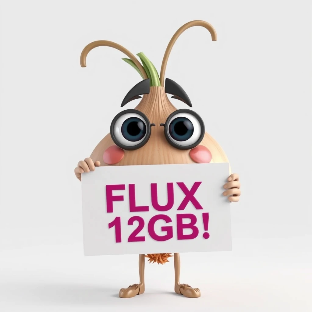 3D render, masterpiece, a cartoon onion with human features holds a sign with text: "FLUX 12GB!" - Image