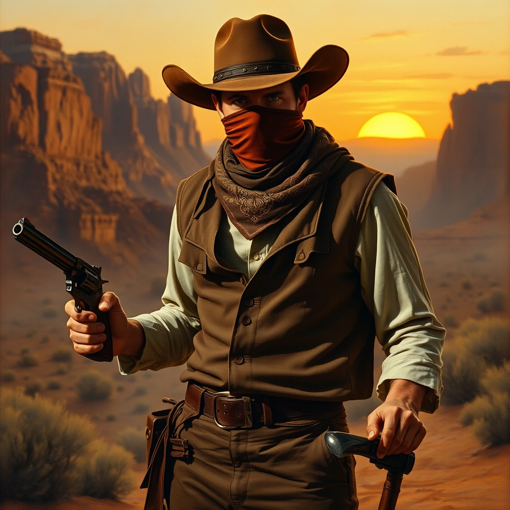 A painting of a cowboy wearing a brown cowboy hat, a brown bandana covering his face, a brown vest and pants, with a dirty white shirt, and cowboy boots. He is holding a revolver in one hand and a hatchet in the other. The background features desert cliffs at sunset, with an intimate diffused glow, subdued hues, and a neutral high key ambiance, resembling a real photo taken with a 35 mm camera.