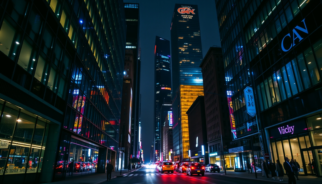 A vibrant city street at night, with reflections in the glass windows of skyscrapers.