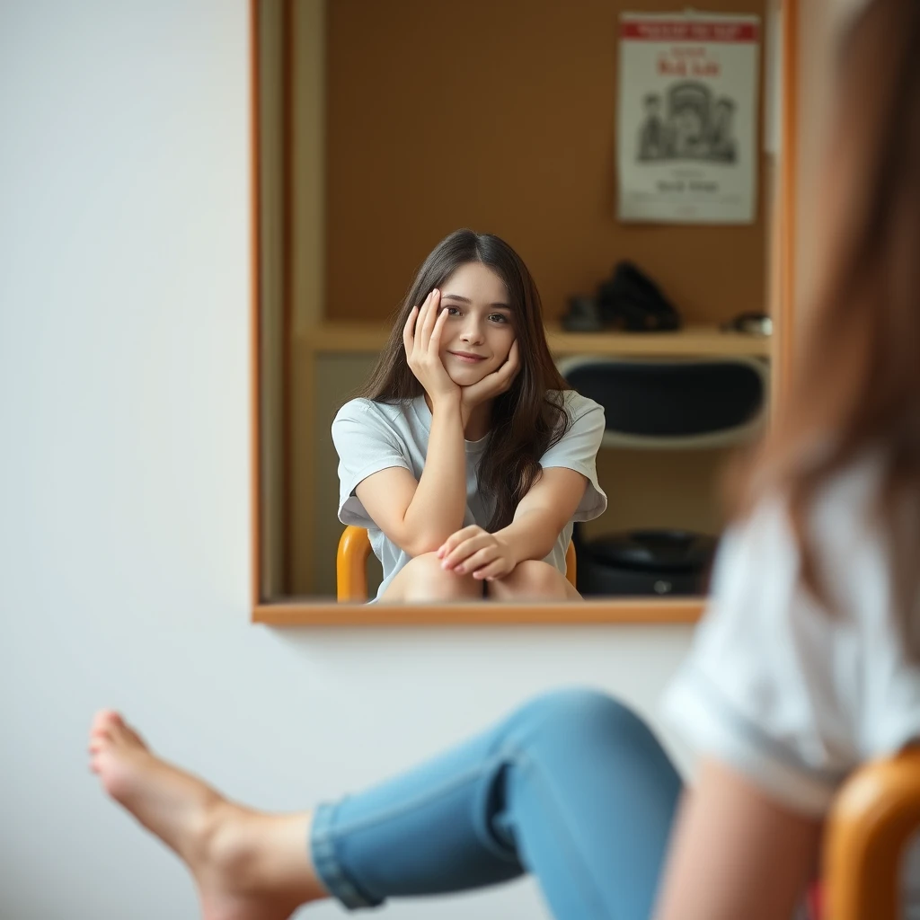 A female student is sitting, looking in the mirror, and can see her feet. - Image