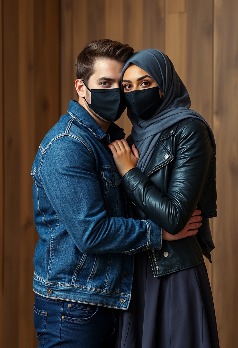 Jamie Dornan's head and body shot, handsome, black face mask, denim jacket, jeans, dating, love couple, hug, with the biggest grey hijab Muslim girl, beautiful eyes, black face mask, black leather jacket, biggest skirt, hyper-realistic, studio photography, wooden wall.